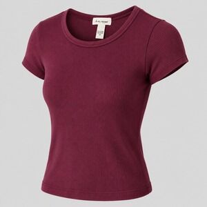 Vintage I.E. Relaxed Ribbed Knit Top Womens Size S Burgundy Y2K Baby Tee Cotton
